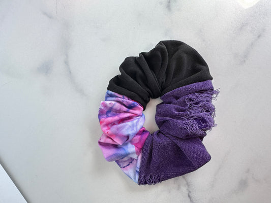 Rainbow watercolor and purple distressed colorblock scrunchie