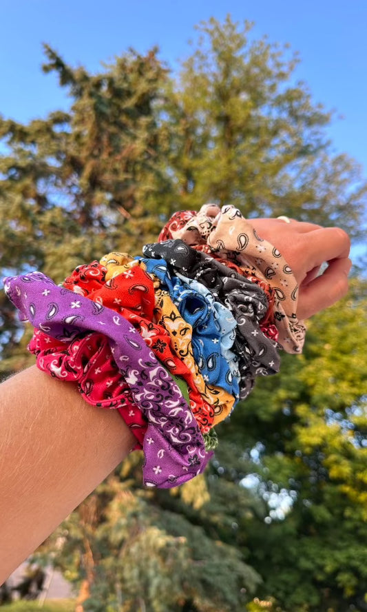 an arm with bandana print scrunchies in different colors with a pine tree in the background.