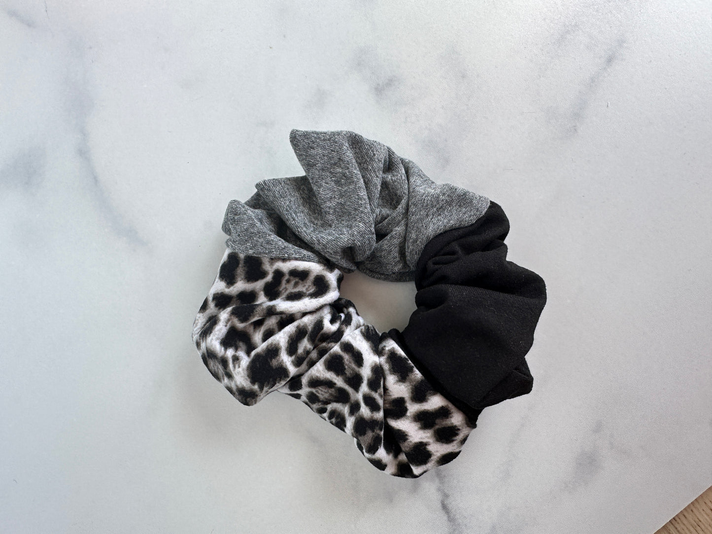 Silver leopard and grey colorblock scrunchie