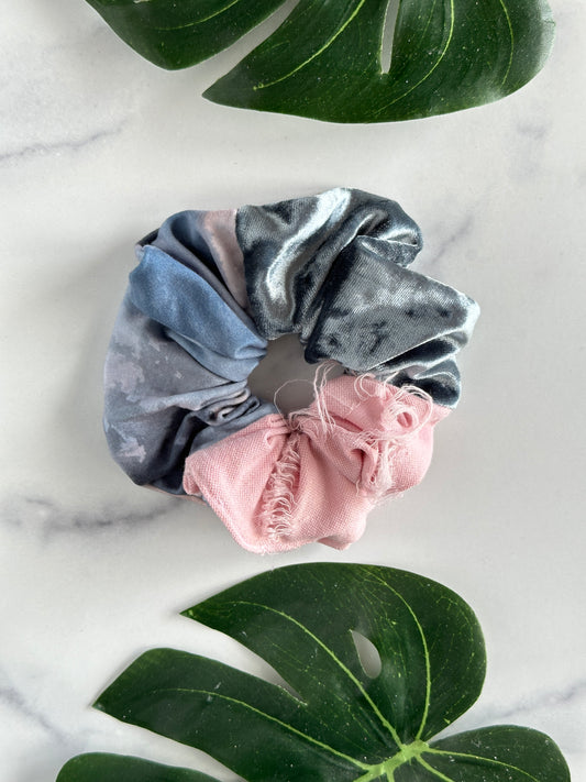 Moody clouds, Seattle rain velvet and light pink distressed colorblock scrunchie