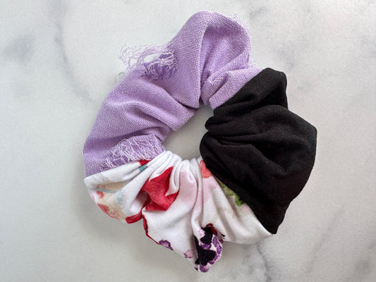 Watercolor floral and lavender distressed colorblock scrunchie