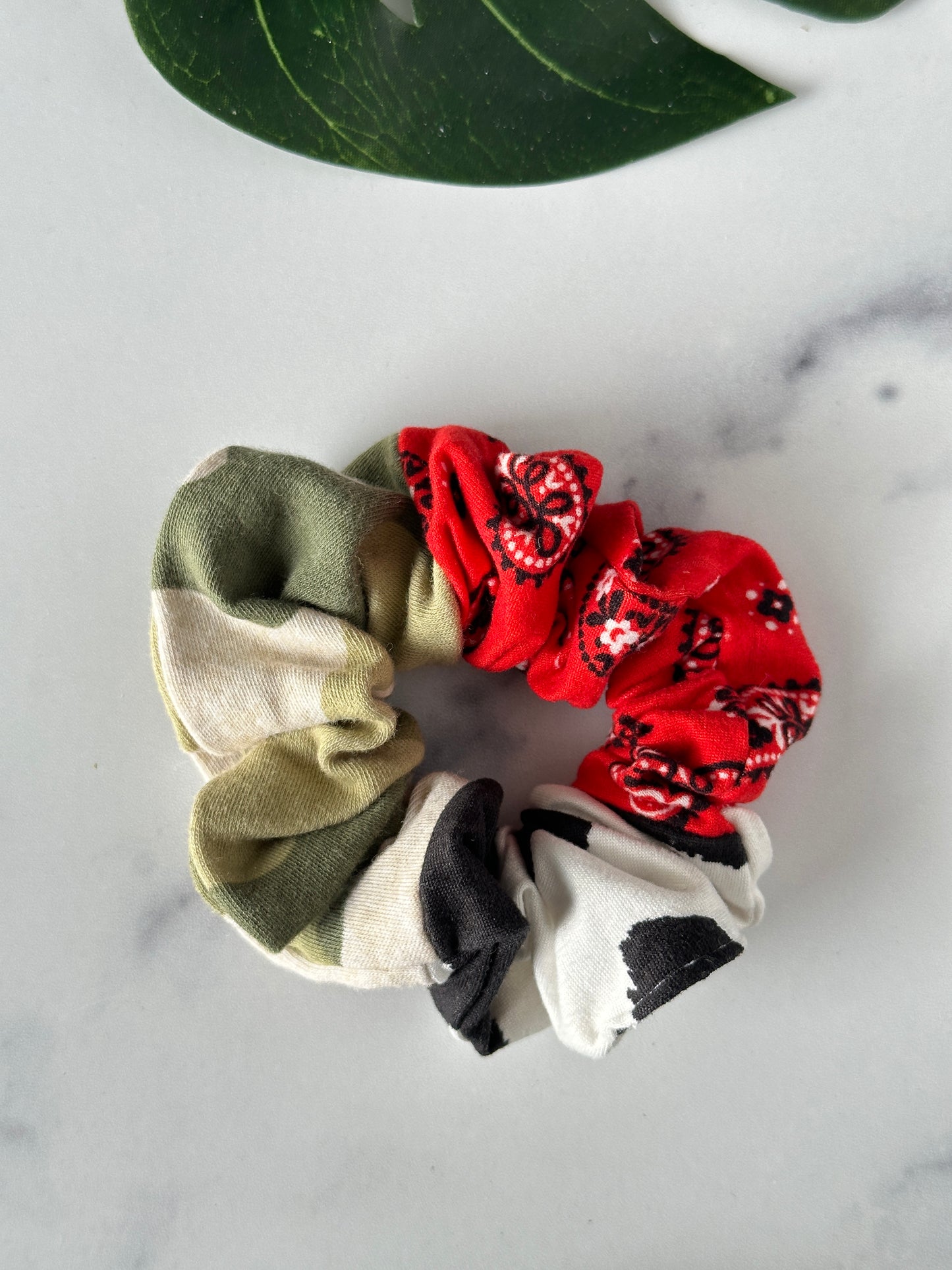 Camo and red bandana print colorblock scrunchie