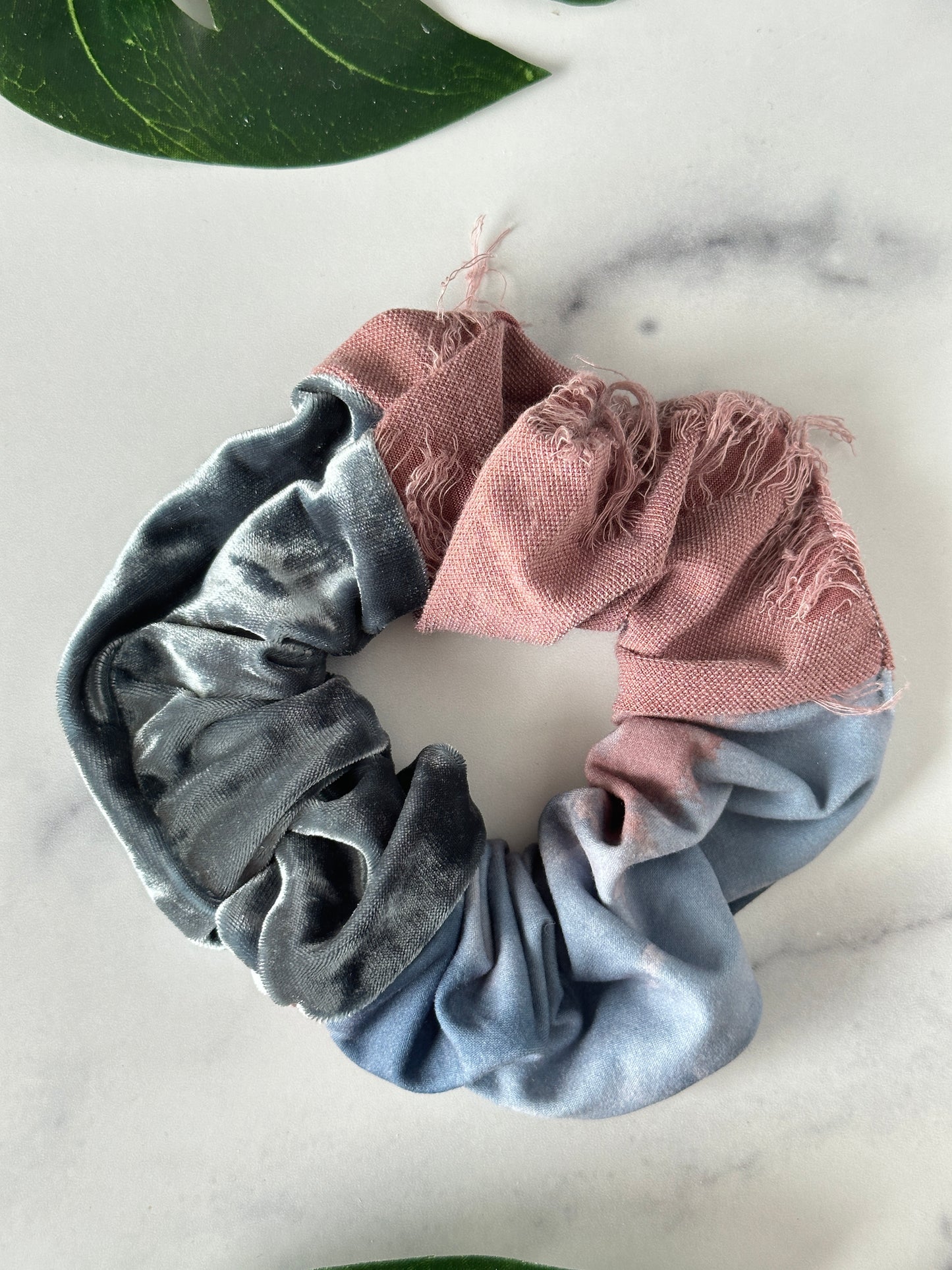 Moody clouds, Seattle rain velvet and mauve distressed colorblock scrunchie