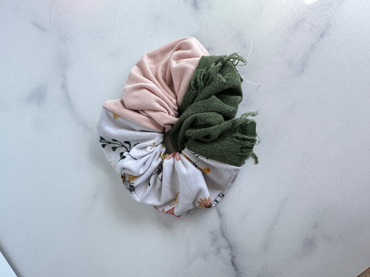 White honeybee and olive green distressed colorblock scrunchie