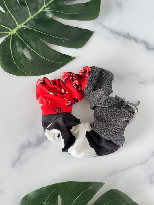 Red bandana, cow spots, and black distressed Colorblock scrunchie