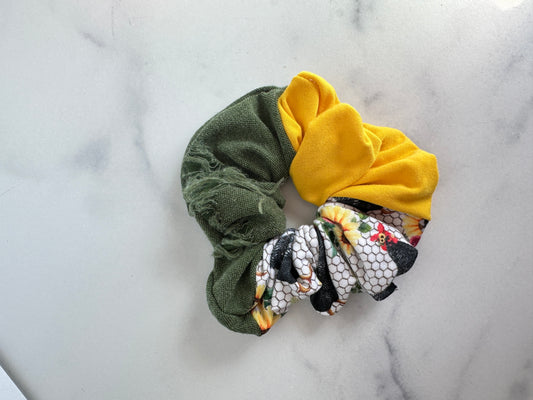 Chickens and olive green distressed colorblock scrunchie